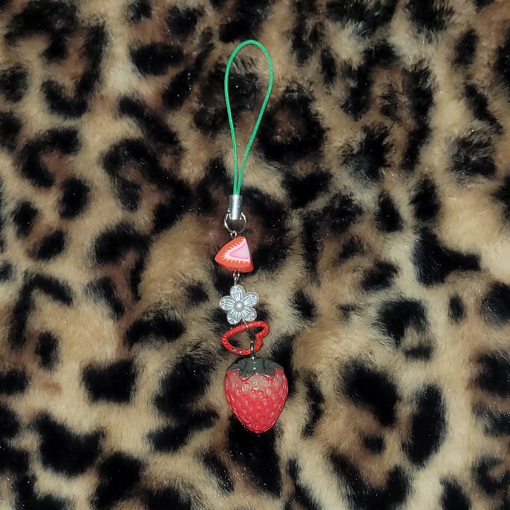 Strawberry Phone Charm Keychain with Green Strap